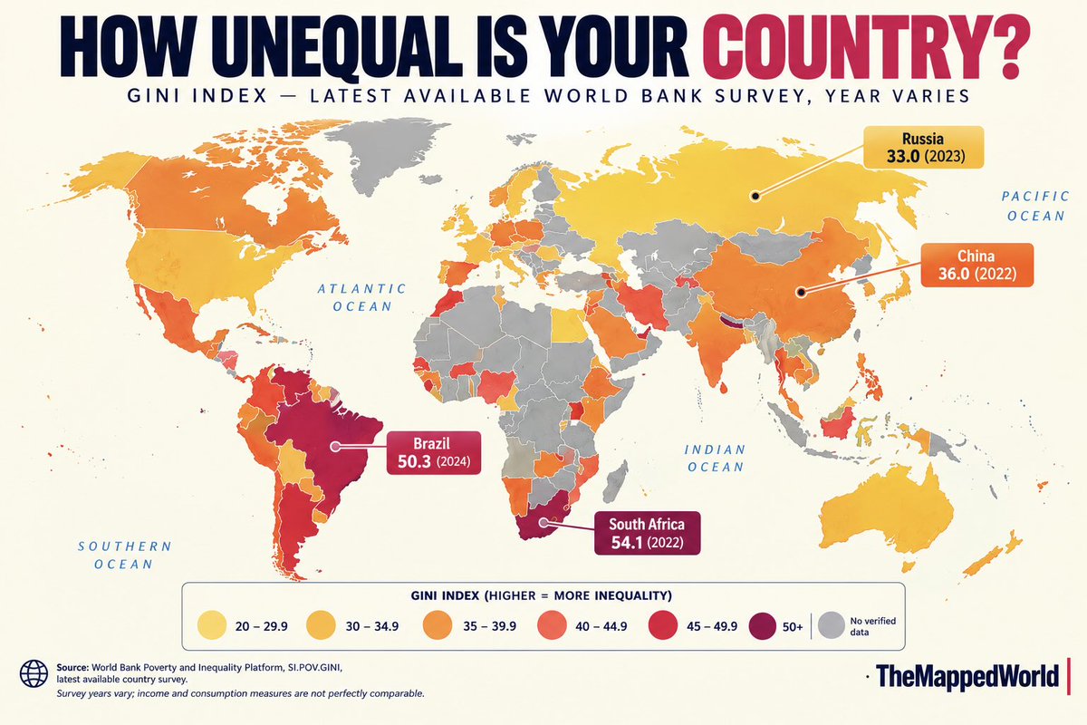 TheMappedWorld's tweet photo. How unequal is your country?

According to World Bank survey https://t.co/Ht7ojGuevn