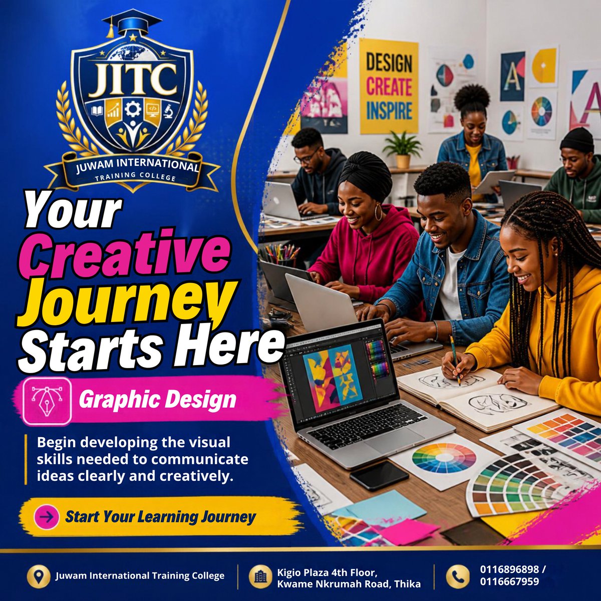 juwamcollege's tweet photo. Your creative journey starts here. Build practical graphic design skills for clear, creative and effective visual communication.

📍 Thika | 📞 0116896898 / 0116667959
✉️ info@juwamcollege.com | 🌐 https://t.co/J5wsSf242D
#JITC #GraphicDesign https://t.co/NOWDfVmQV0