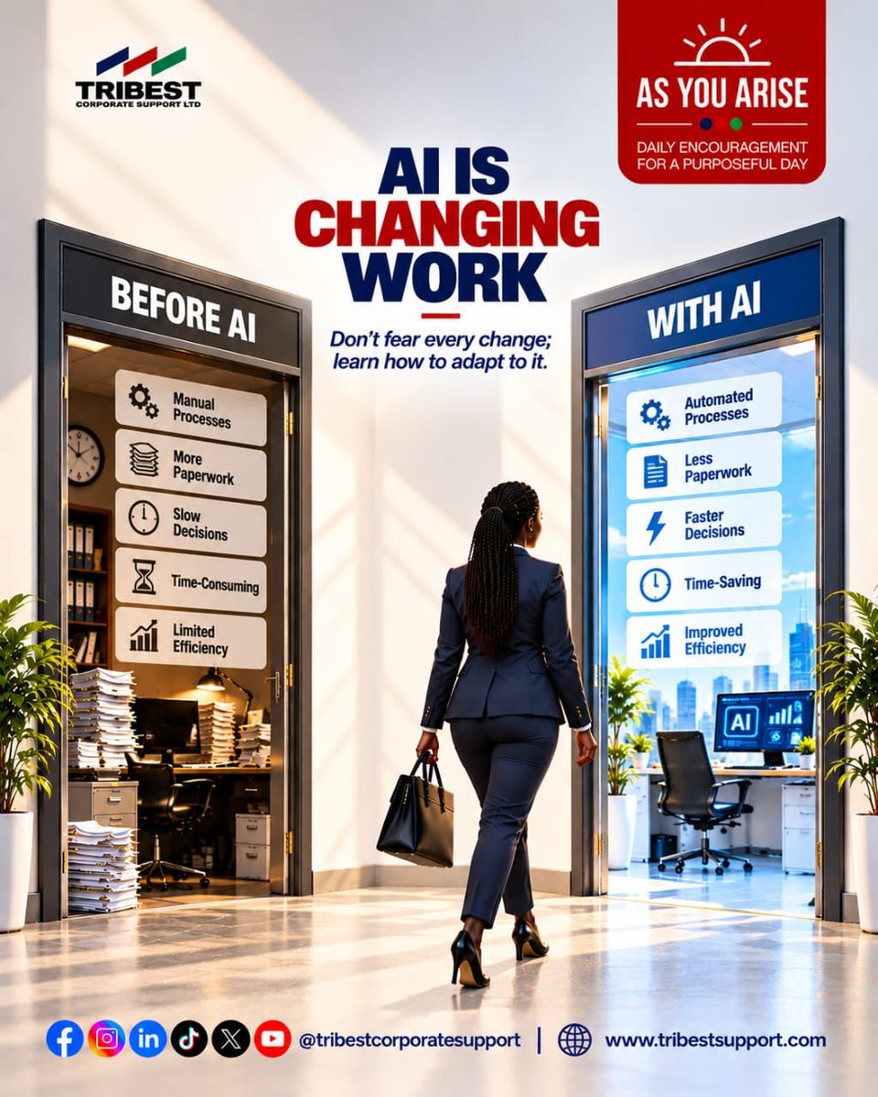 tribestsupport1's tweet photo. While Tunde spent hours struggling with the workload, postponing tasks and complaining about how much there was to do. Ada used AI tools to research faster, organize her ideas, draft the report and improve her presentation.

AI doesn't replace smart employees.

Be the smart one. https://t.co/6iWlCuXmJ2