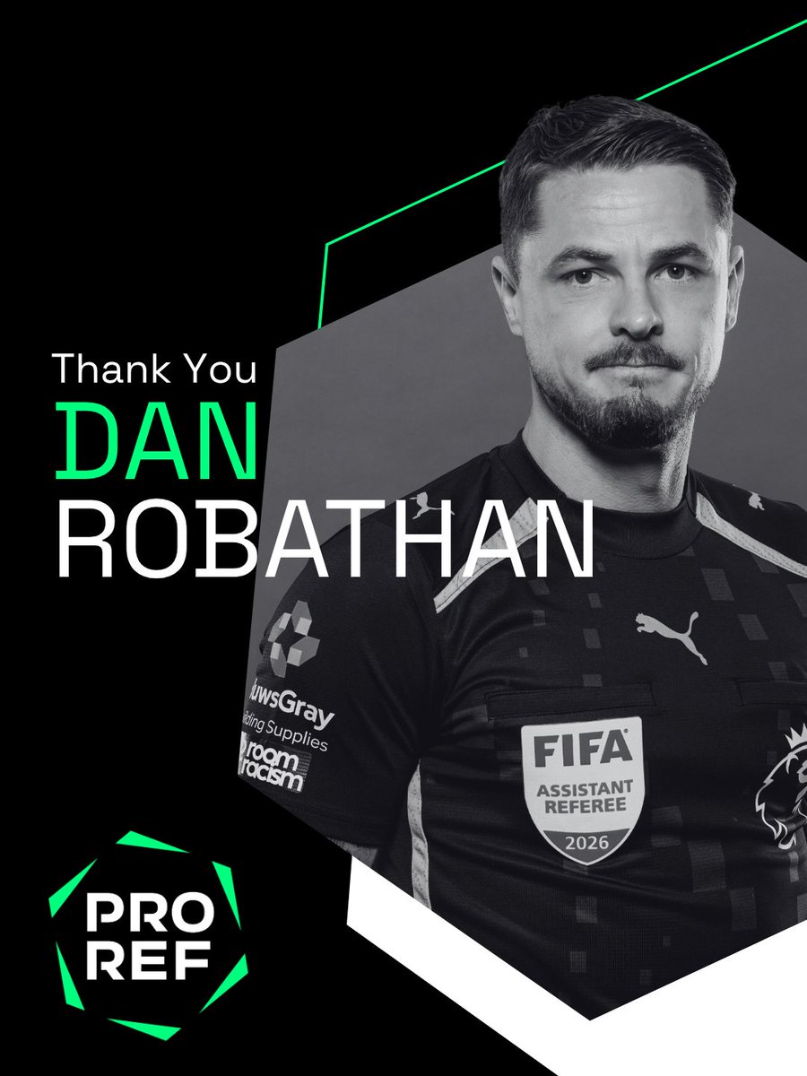 prorefofficial's tweet photo. Premier League and FIFA assistant referee Dan Robathan has retired from match officiating on medical grounds.

We’ve been supporting Dan with his desire to return to the field following a health issue that necessitated spinal surgery. Despite everyone’s best efforts, that has unfortunately proved to not be possible, but our hope is the surgery and recovery can still see him lead a healthy and active life for himself and his family beyond professional officiating.

Dan officiated in 203 Premier League matches and over 200 EFL and domestic cup fixtures, serving the game with professionalism and the highest possible standards week-in, week-out. 

Thank you for your contribution to the game, Dan. We wish you all the very best for the future ❤️