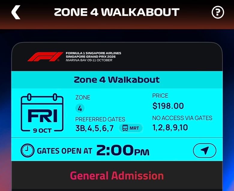 lionmarkauu's tweet photo. ❗️WANT TO SELL❗️

WTS 1 TIX F1 SINGAPORE GRAND PRIX GP SG
🎫 ZONE 4 WALKABOUT
🗓️ Friday, 9 Oct 2026 

dm for price! (underprice) 

i’m helping a friend cause she couldn’t make it 🥺 pls help my friend guyssss!! https://t.co/npBbPLLzLD