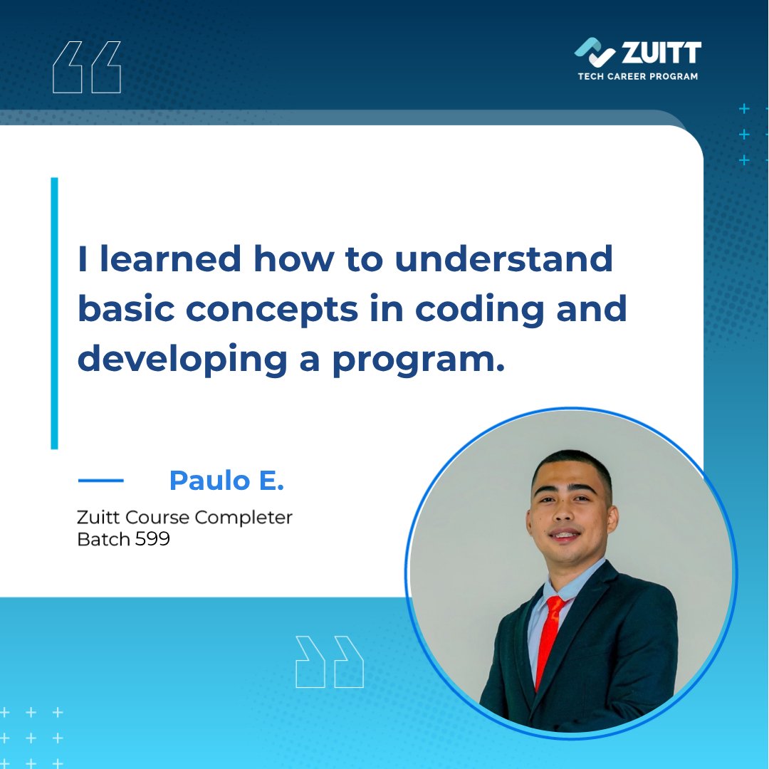 zuittco's tweet photo. "I learned how to understand basic concepts in coding and developing a program."

Paulo E.
Zuitt Course Completer
Batch 599

#Zuitt #techcareer #tech #coding #programming #upskill #onlinelearning https://t.co/Lj5a1pgukW