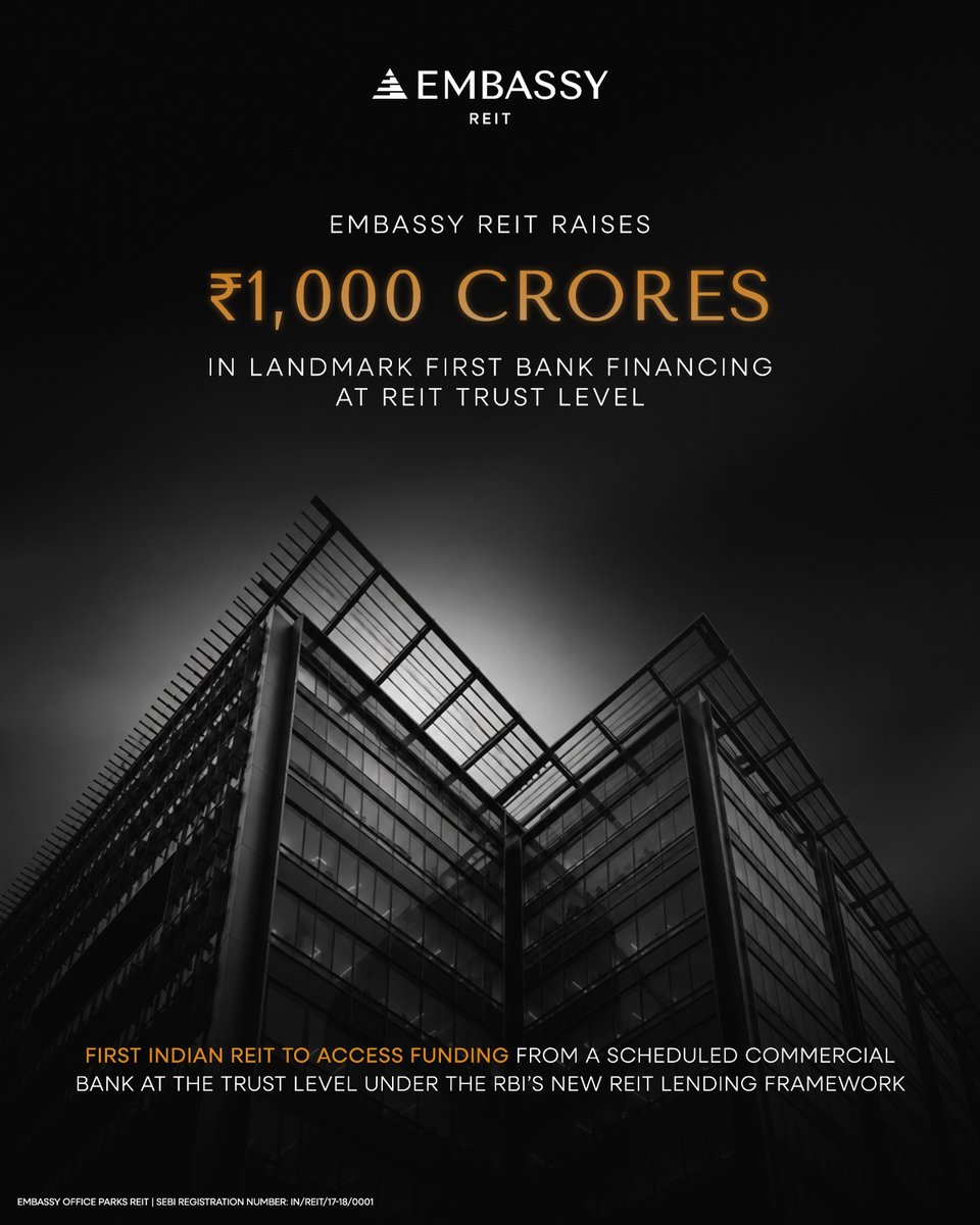 embassy_reit's tweet photo. Another industry first.

Embassy REIT has raised ₹1,000 crores in the first bank financing to an Indian REIT at the trust level, under the RBI's new framework.

Full release: https://t.co/Ffapy1fzqa https://t.co/Dkcm3TKEP7