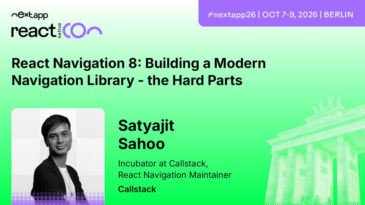 reactnativecon's tweet photo. What does it take to build React Native's navigation system? 🧭
@satya164 goes behind the scenes of React Navigation 8 at reactnativeCon Berlin.
Learn more: https://t.co/inO7y2yx04
#nextapp26 #ReactNative https://t.co/5bnIna1PfX