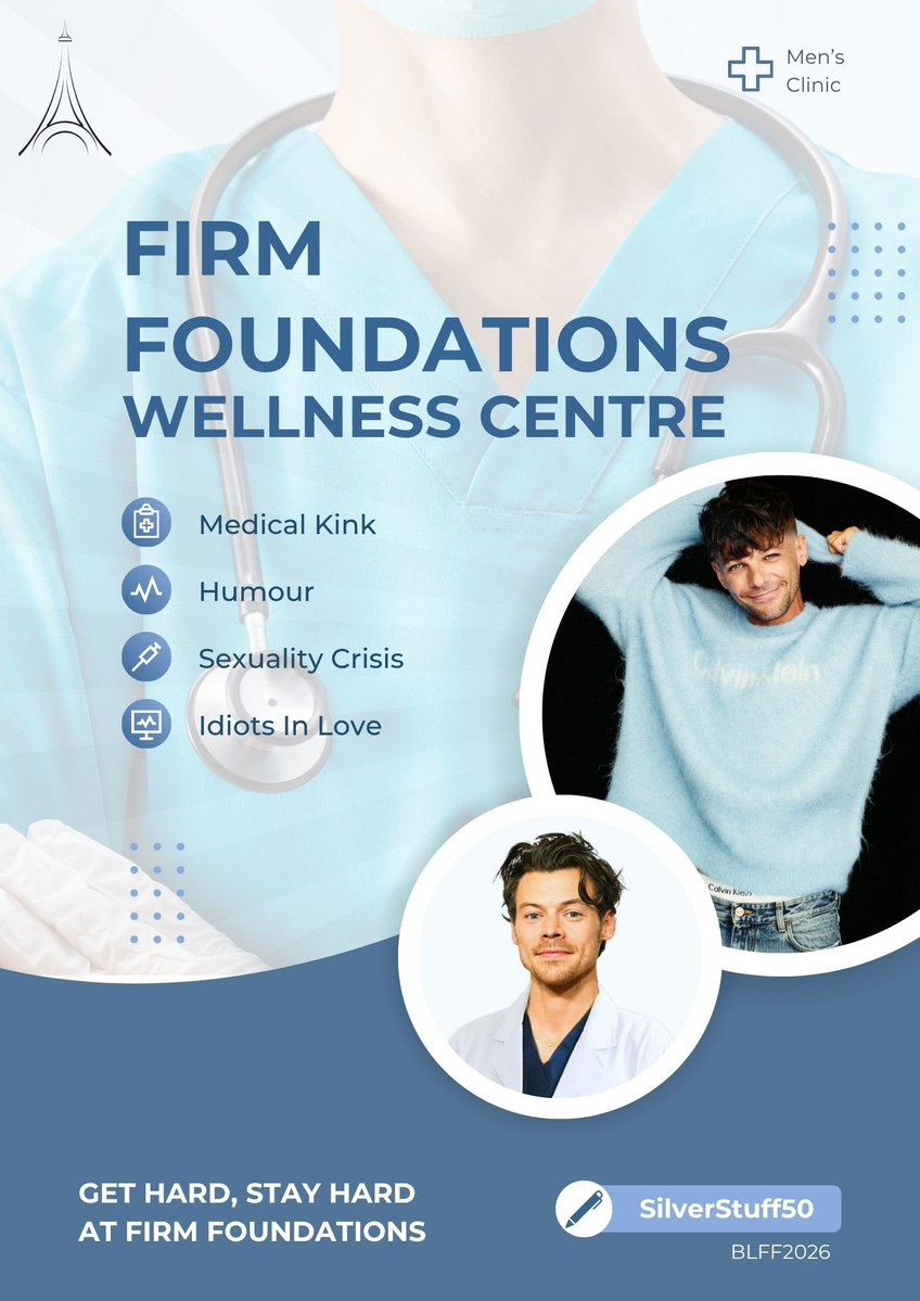 SilverStuff50's tweet photo. OUT NOW! Firm Foundations Wellness Centre 

Part of the @BLFicFest 2026

Rated: E     56K 
Strangers to Lovers || Medical kink || Humour 

Link in comments https://t.co/s1Ida7MOlE