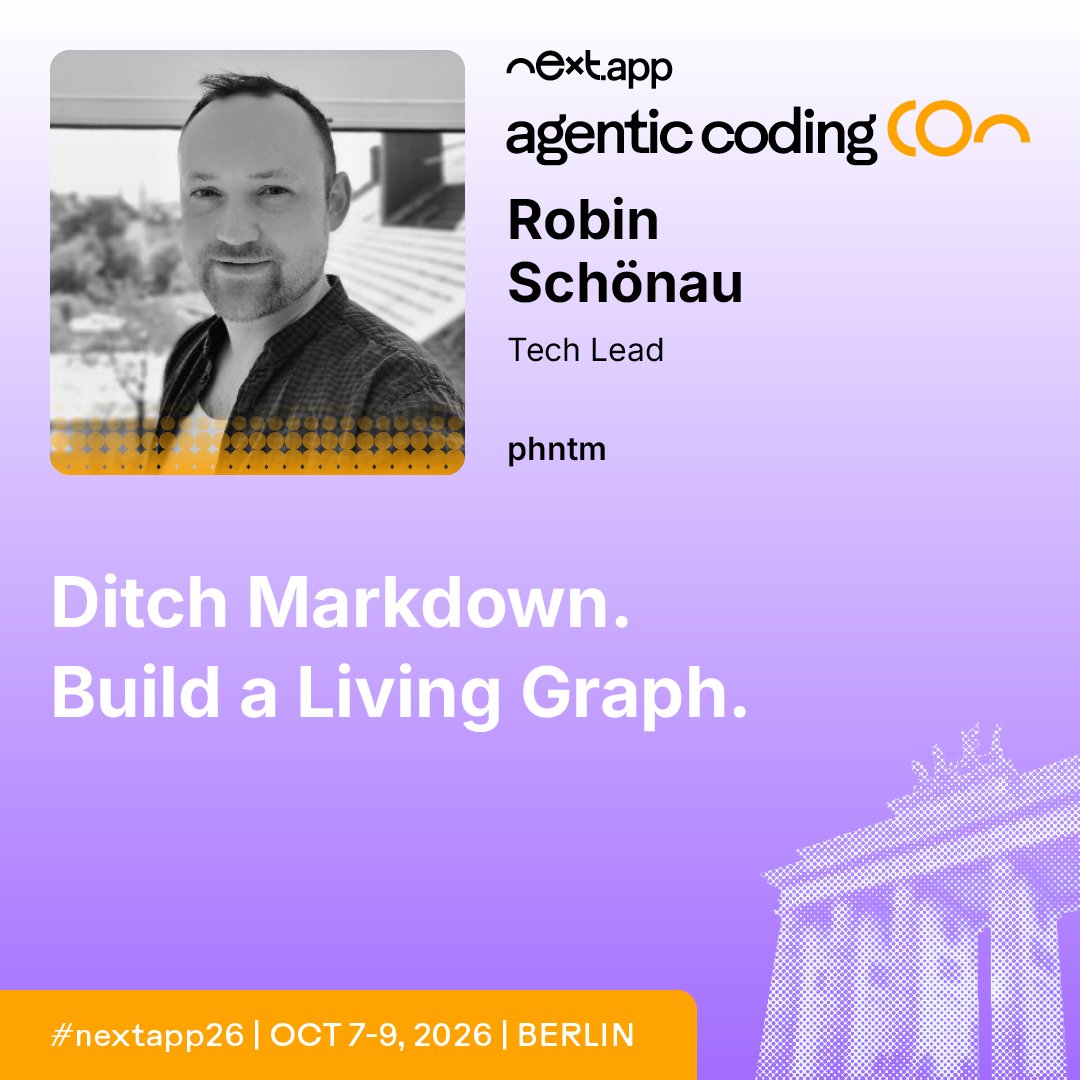 agenticodingCon's tweet photo. Markdown wasn't built for agentic systems. So what was? 📊
Robin Schönau makes the case for living graphs at agentic codingCon Berlin.
Learn more: https://t.co/lBrLGVPzII
#nextapp26 #AI https://t.co/9fC2Knoy8q