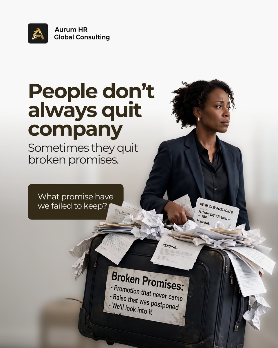 AurumHR's tweet photo. Promises don't build trust. Consistency does.

“We’ll get back to you.”
“We’re working on it.”
“Your contribution will be recognized.”

When employees hear these repeatedly without seeing action, trust starts to disappear.

Process creates structure.
Trust creates commitment. https://t.co/81sddV33hV