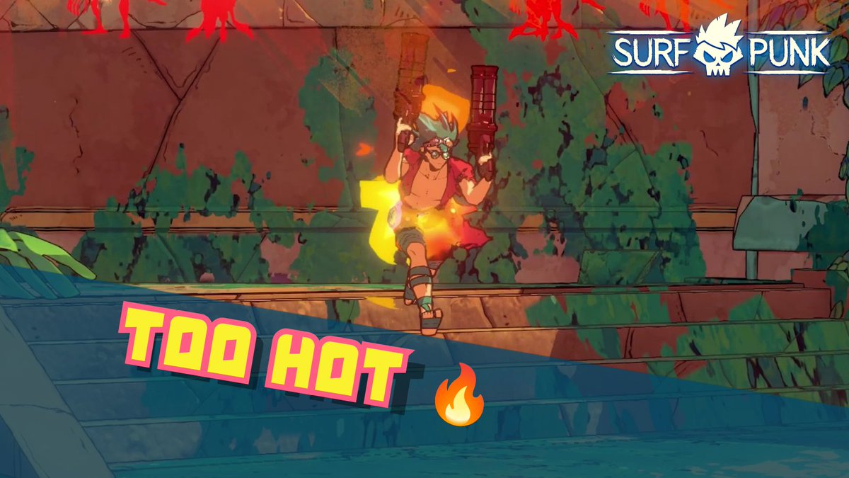 A screenshot from the video game 'Surf Punk' showing a character holding two guns with flames around them, accompanied by the text 'TOO HOT' with a fire emoji.