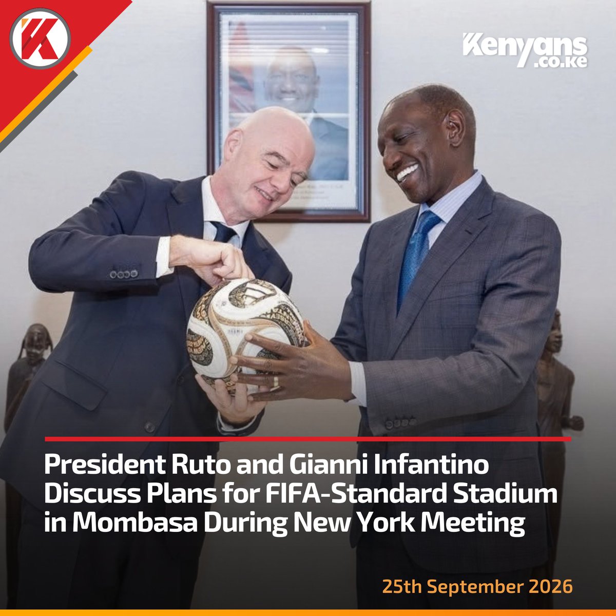Kenyans's tweet photo. President Ruto and Gianni Infantino discuss plans for a FIFA-standard stadium in Mombasa during New York meeting https://t.co/YcC49ObfiJ