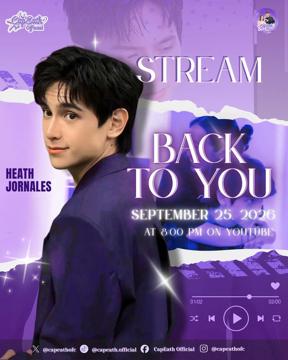CapEathOfc's tweet photo. KAPITANS, WE’RE SO READY FOR THIS!!! 💙

Heath Jornales’ 'Back To You' (Main Version) Official Music Video is finally dropping TONIGHT at 8:00 PM on ABS-CBN Star Music! 🔥

Set your alarms. Mark the time. Gather your fellow Kapitans. And be there from the very first minute the music video drops. 💙

See you there, Kapitans! 💜

YouTube Link: https://t.co/MjvPpkkXnj

#HeathJornales #BackToYou