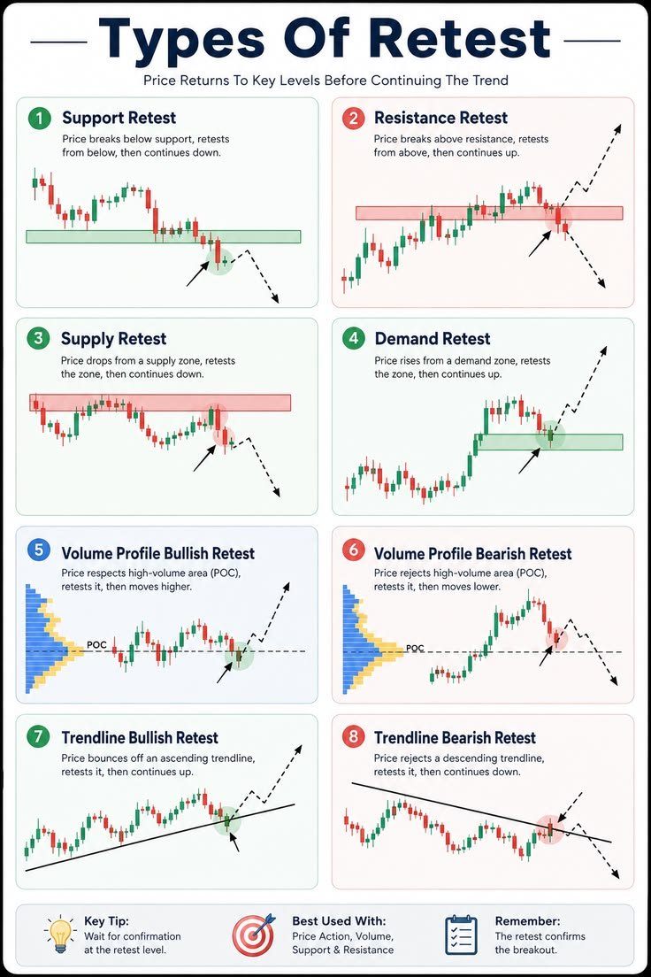 AndasonF85945's tweet photo. TYPES OF RETEST .

RETESTS REVEAL TRUE MARKET INTENT, NOT GUESSWORK.

✓ Support & Resistance Retests → Break → Return → Continue

✓ Supply & Demand Retests → Premium entry zones

✓ Volume Profile Retests → POC reactions that guide direction

✓ Trendline Retests → Bounce or rejection confirms trend

Master retests and you master continuation entries with precision.