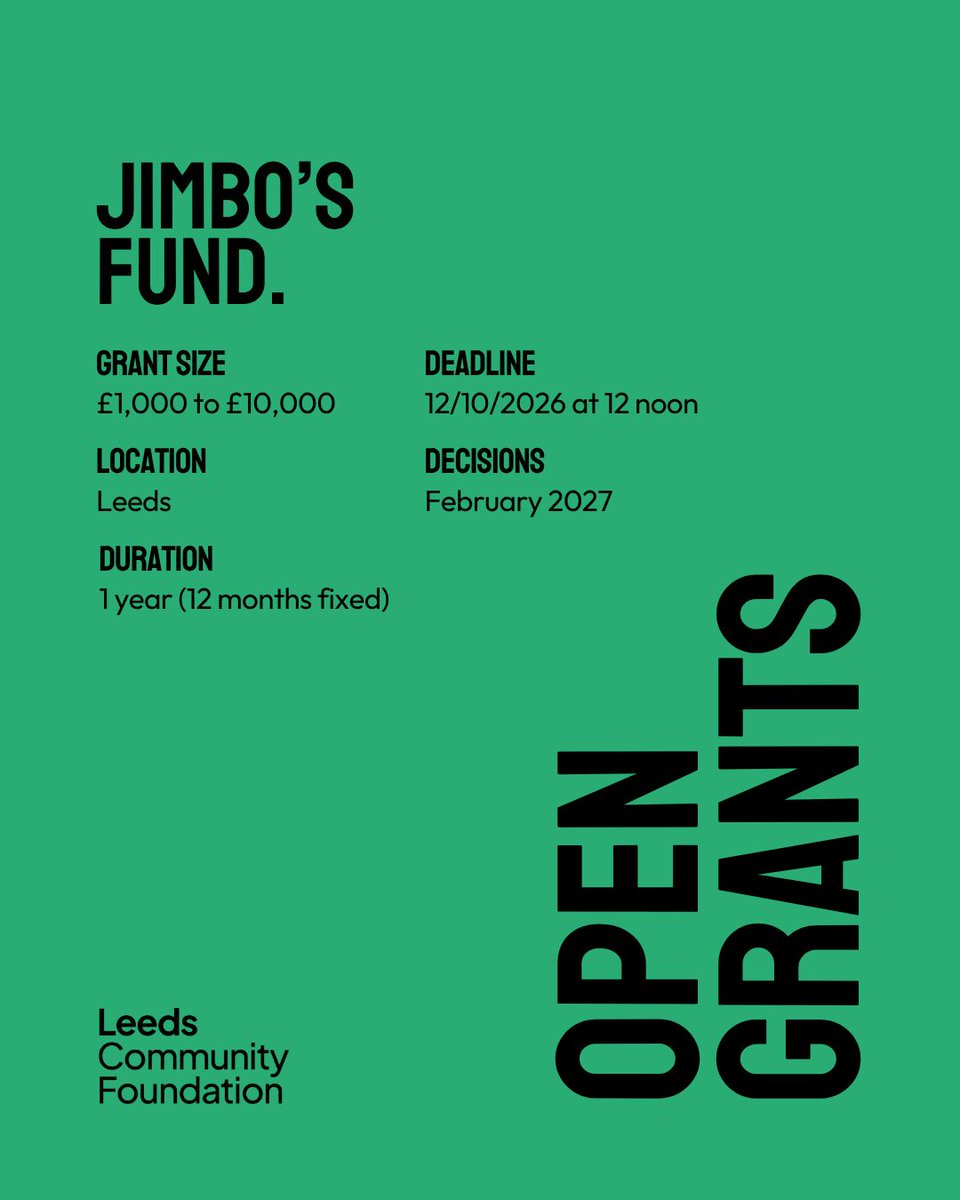 LeedsCommFound's tweet photo. Take a look at our open grants to see if there's funding that might work for you 👇 

1️⃣ The Hannah Corne Green Futures Fund
2️⃣ Jimbo’s Fund
3️⃣ The Leeds Fund Small grants
4️⃣ The Leeds Fund Microgrants

Learn more about each programme on our website 👉 https://t.co/b66CevCnSm https://t.co/u6TiONw33s