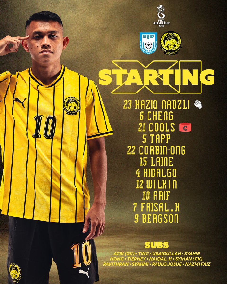 malaysia_nt's tweet photo. Kesebelasan Utama & Pemain Simpanan Skuad Harimau Malaya
Kumpulan A • Piala ASEAN FIFA 2026
⚽ BANGLADESH 🇧🇩 🆚️ 🇲🇾 MALAYSIA
🗓️ Jumaat, 25 September 2026
🕔 5:00 petang ini (Waktu Malaysia)
🏟 Gelora Bung Karno, Jakarta
📺 Live di SUKAN+
#FAM #HarimauMalaya
#FIFAASEANCup https://t.co/8puPXE3oKw