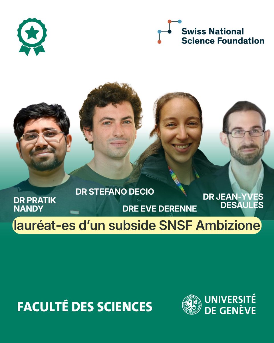 UNIGEnews's tweet photo. Le @fns_ch a attribué des financements #Ambizione, destinés à des scientifiques en début de carrière, à sept chercheurs et chercheuses qui lanceront leur projet à l’UNIGE entre septembre 2026 et janvier 2027.   

Les lauréat-es sont:
- @CISA_UNIGE: Andrea Rivadulla Duró
-@sciences_UNIGE:  Stefano Decio, Eve Derenne, @JDesaules et Pratik Nandy
- Faculté de médecine: @amirsanaat et @DiLibertoMD 

🔗Plus d’informations  https://t.co/sPw79y7Unt

@Research_UNIGE