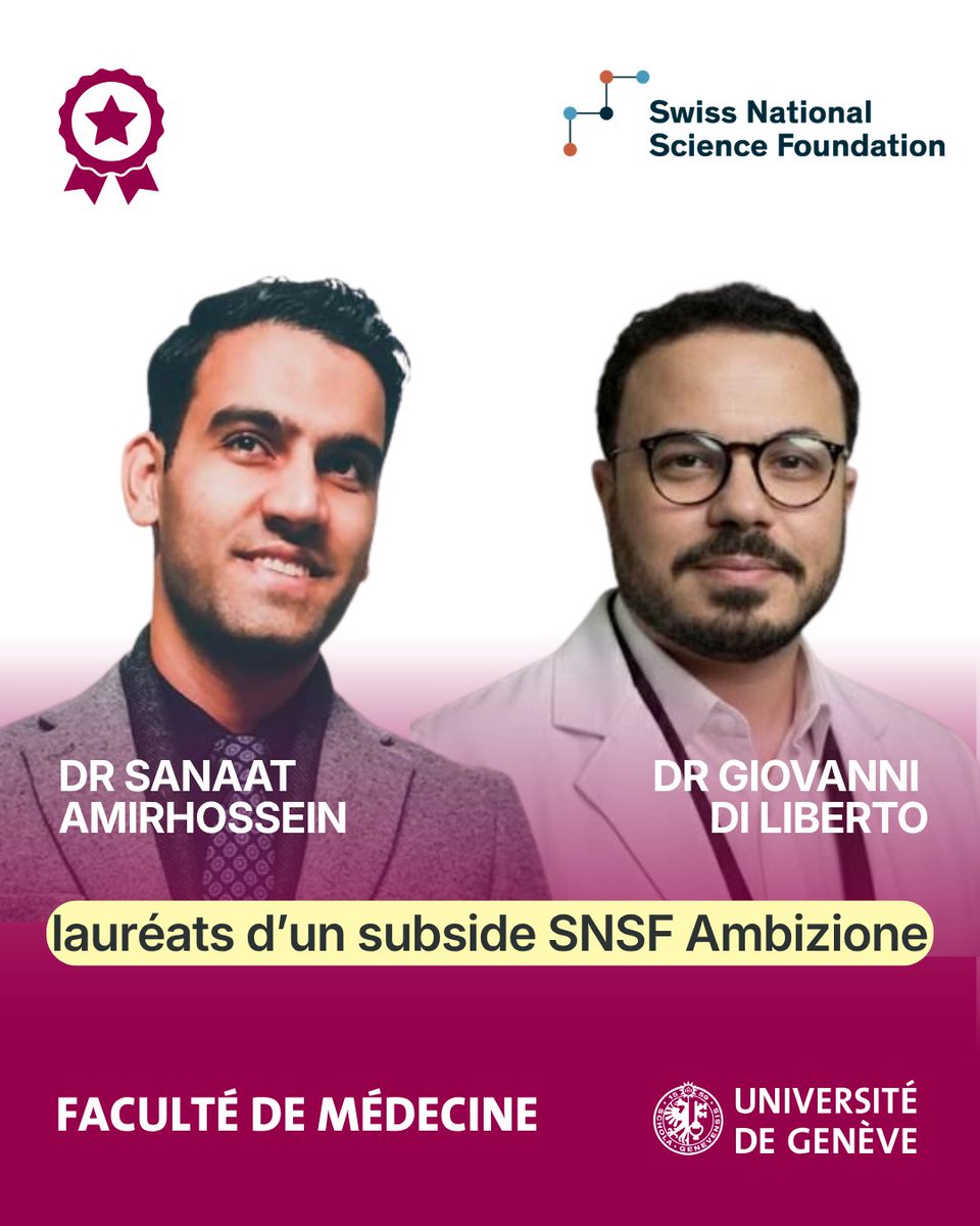 UNIGEnews's tweet photo. Le @fns_ch a attribué des financements #Ambizione, destinés à des scientifiques en début de carrière, à sept chercheurs et chercheuses qui lanceront leur projet à l’UNIGE entre septembre 2026 et janvier 2027.   

Les lauréat-es sont:
- @CISA_UNIGE: Andrea Rivadulla Duró
-@sciences_UNIGE:  Stefano Decio, Eve Derenne, @JDesaules et Pratik Nandy
- Faculté de médecine: @amirsanaat et @DiLibertoMD 

🔗Plus d’informations  https://t.co/sPw79y7Unt

@Research_UNIGE