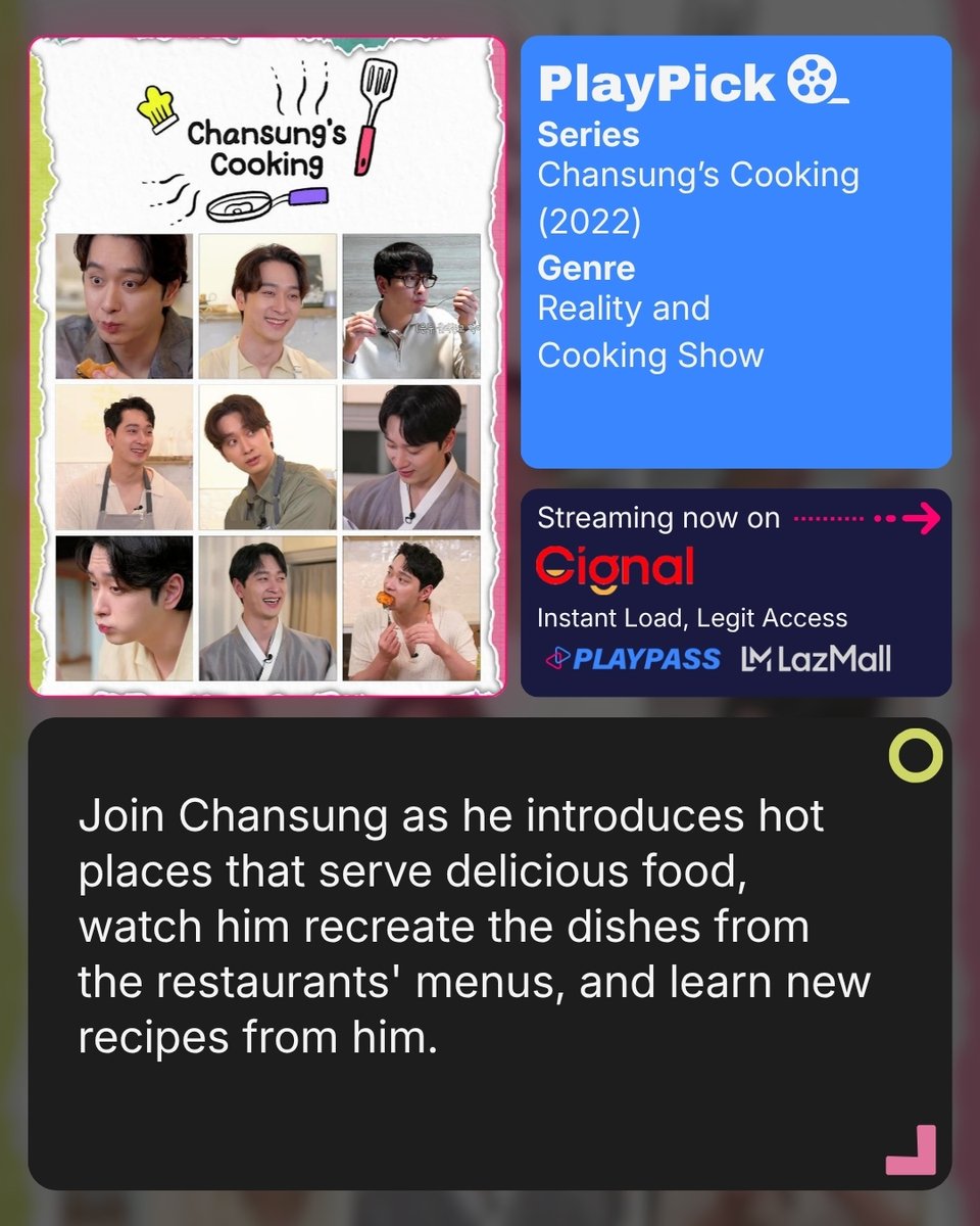 playpassph's tweet photo. Watch Chansung's Cooking this Sept 26, 6:00 PM on #tvNPremium (CH. 237 HD) via #CignalTV! Get instant, official Cignal load PINs via Playpass! 📺⚡

🛒 Lazada: https://t.co/Jx1jFZcW1I
🌐 Web (₱20 OFF): https://t.co/kcZwhiy2Xl

#Chansung #PlaypassPH #CignalTV #KFood https://t.co/9qEcIBo58F