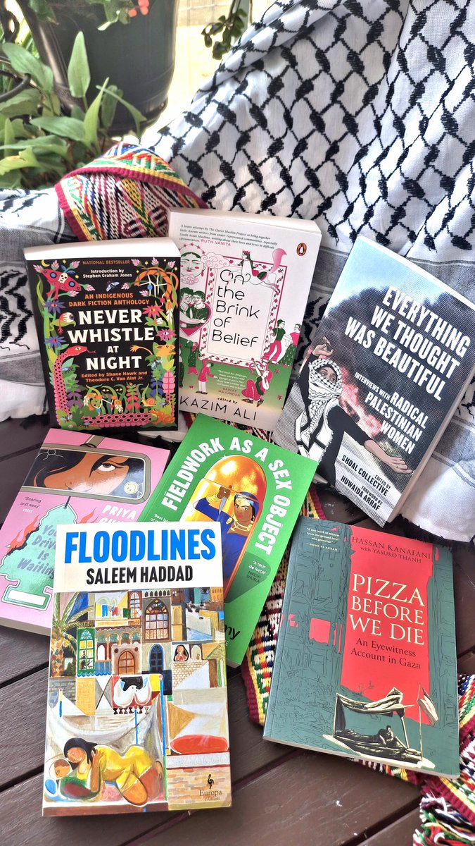 BlogTolkien's tweet photo. My birthday books: an Indigenous horror anthology, an anthology by South Asian LGBTQIA+ authors, two nonfiction by Palestinian authors, social thriller by Tamil authors, and a novel by queer Iraqi-Palestinian-Lebanese author. Thank you @transitreads for the 4 books in the front! https://t.co/JIjZyzZvON