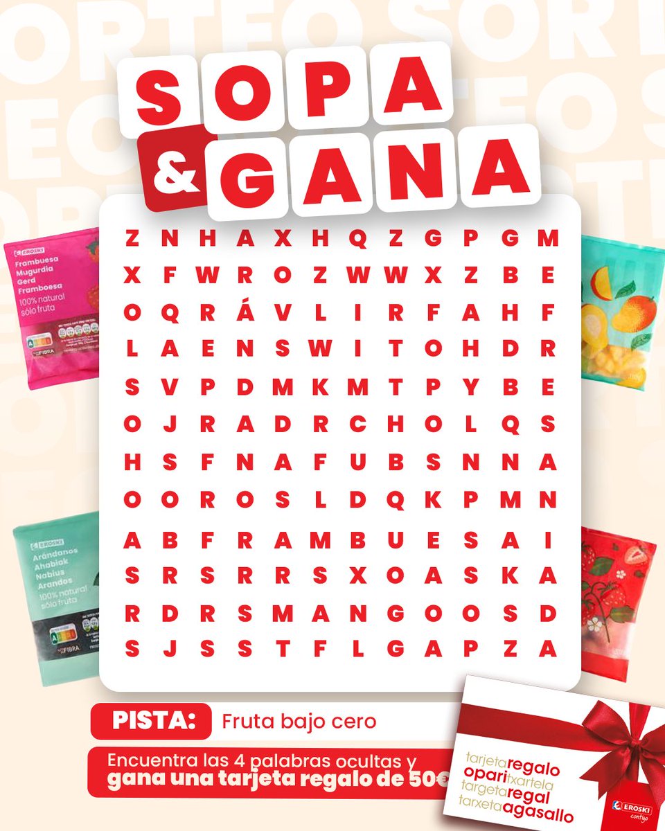 EROSKI's tweet photo. ¡SOPA &amp; GANA!

Fruta lista para smoothies, postres o desayunos rápidos. Encuentra 4 palabras en nuestra sopa de letras y participa por una tarjeta regalo de 50€.

Participa:
-Comenta las 4 palabras
-Menciona a un amigo
-Síguenos

Hasta el 27/9 a las 23:59. https://t.co/iQ5UNzcei0