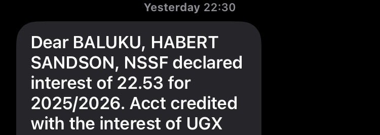 sundson's tweet photo. Am I the only one who has received NSSF money this morning 😂😂

Woke up to 10m as my 22.53% interest  2025/2026🥳🥳🥳

When is the withdraw button coming😩😩 https://t.co/JH3bP8eavc