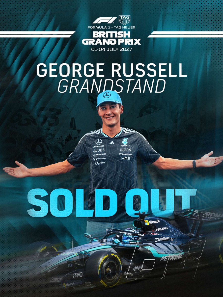 SilverstoneUK's tweet photo. SOLD OUT 🩵   

The George Russell Grandstand is officially sold out for the 2027 British Grand Prix.   

See you at Farm Curve 👀   

#BritishGP #F1 https://t.co/WGtz9c0o3e