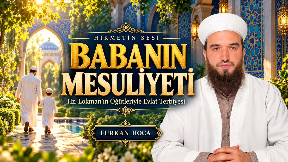 A promotional graphic for a Turkish Islamic lecture titled 'HİKMETİN SESİ - BABANIN MESULİYETİ' featuring a bearded man in white religious attire, with text referencing 'Hz. Lokman' and 'FURKAN HOCA'.