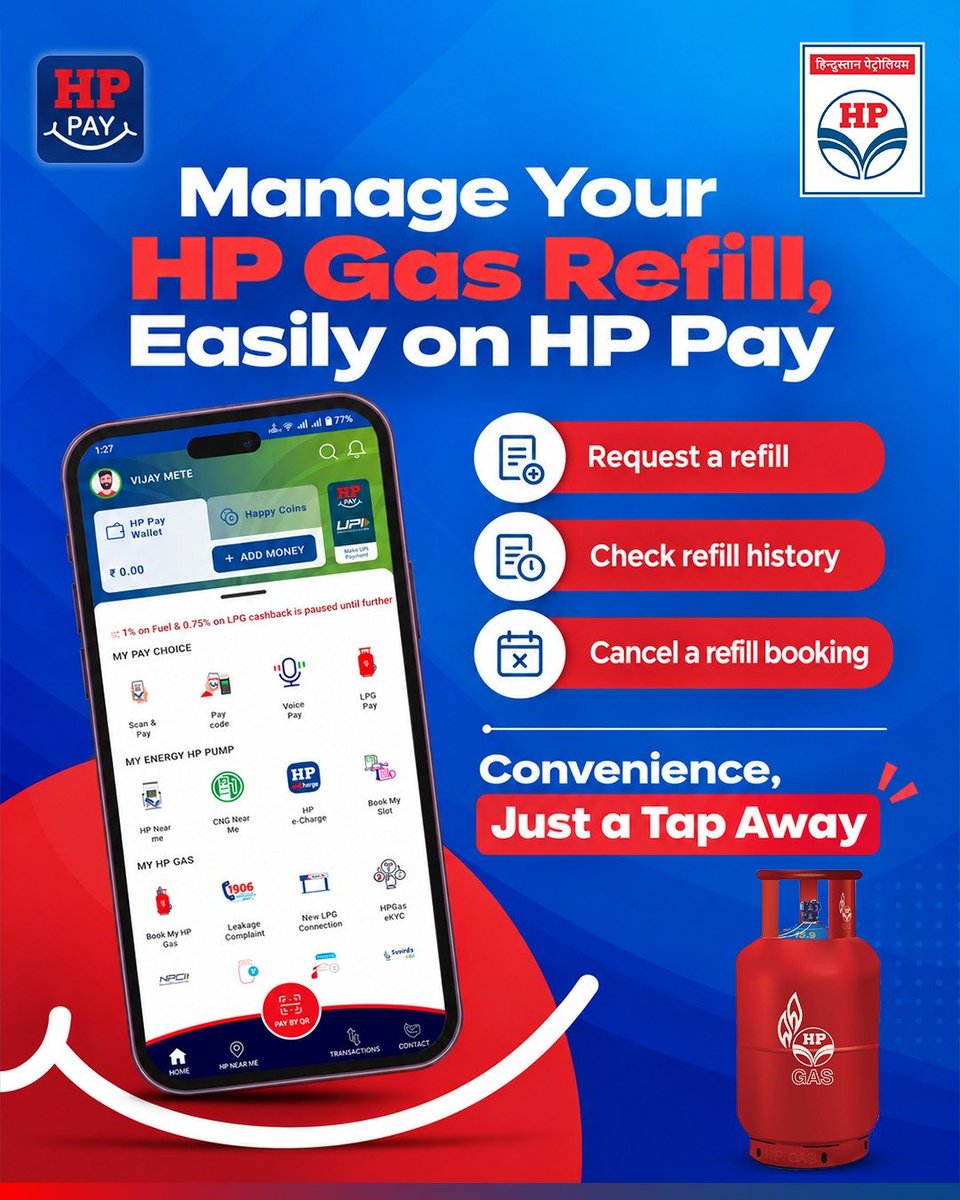 HPCL's tweet photo. Your LPG needs, now simpler.

From booking to keeping track of your refill, HP Pay puts everyday LPG services within easy reach—helping you take care of it all, whenever you need it.

One app. Everyday convenience.

@HardeepSPuri @PetroleumMin @TheSureshGopi @Secretary_MoPNG @neerajmittalias

#HPCL #HPPay #HPGas #DigitalConvenience #CustomerFirst #EaseOfLiving