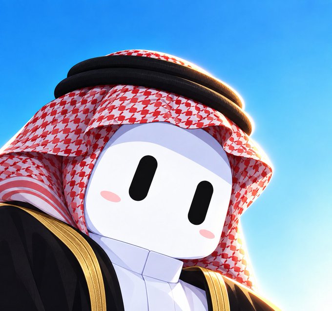 A 3D animated white robot-like character with pink cheeks wearing a red and white checkered keffiyeh against a blue sky.