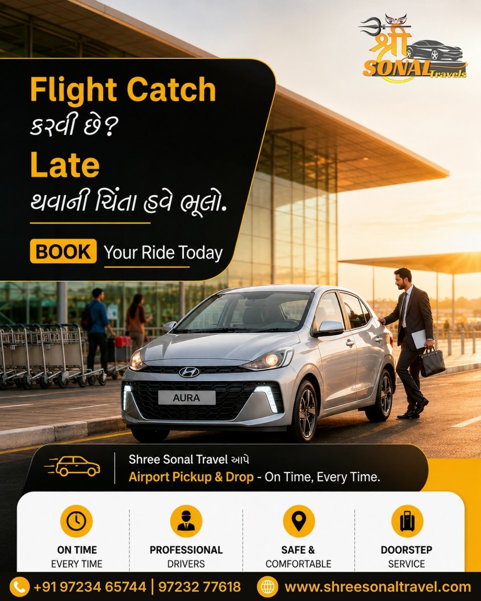TiffaniStennett's tweet photo. Flight late hone ka stress ab khatam! Shree Sonal Travels ke saath paaiye hassle-free airport pickup aur drop service. Professional drivers, comfortable rides aur on-time service ke saath har safar smooth banayein. Book now: +91 97234 65744, 97232 https://t.co/A2WEwUsP4Z