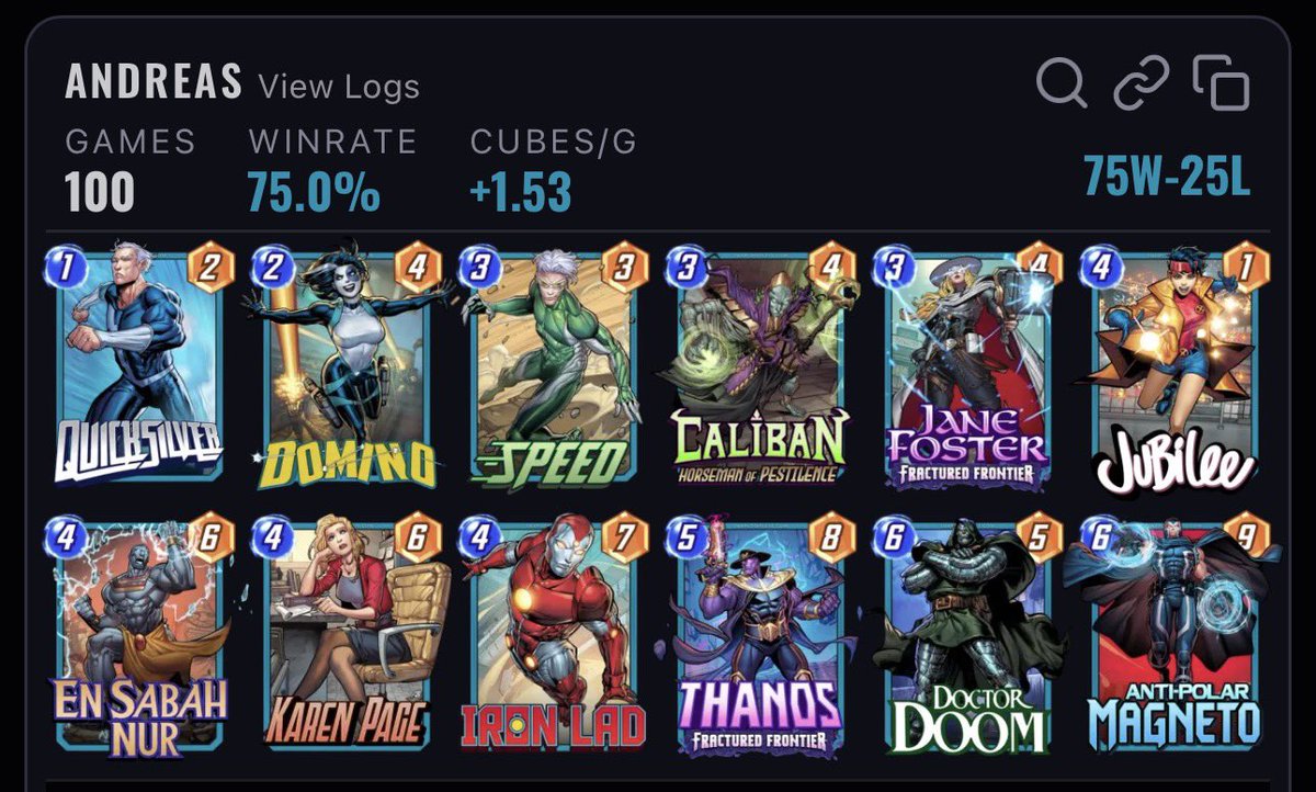 MarvelSnapoli's tweet photo. Not tweeted in a while, life’s been busy!

I have been playing though and it won’t be a surprise to anyone but my best success has been with Cowboy Thanos and AP Maggers. Huge win rate and cube rate and I had a lot of fun along the way too! https://t.co/kWLGYrer3E