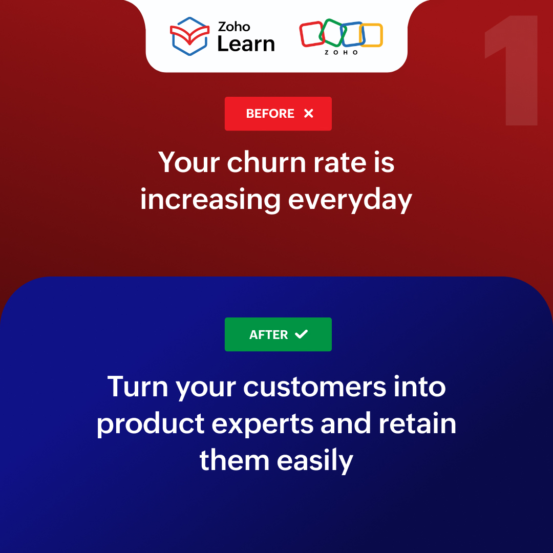 ZohoLearn's tweet photo. What happens when your users get the right information about your product? You get fewer routine questions and your customers get more value from your offerings. This is possible with customer training!

See what the before and after can look like 👉

#LearningBeyondBoundaries https://t.co/0nZay5VjaV