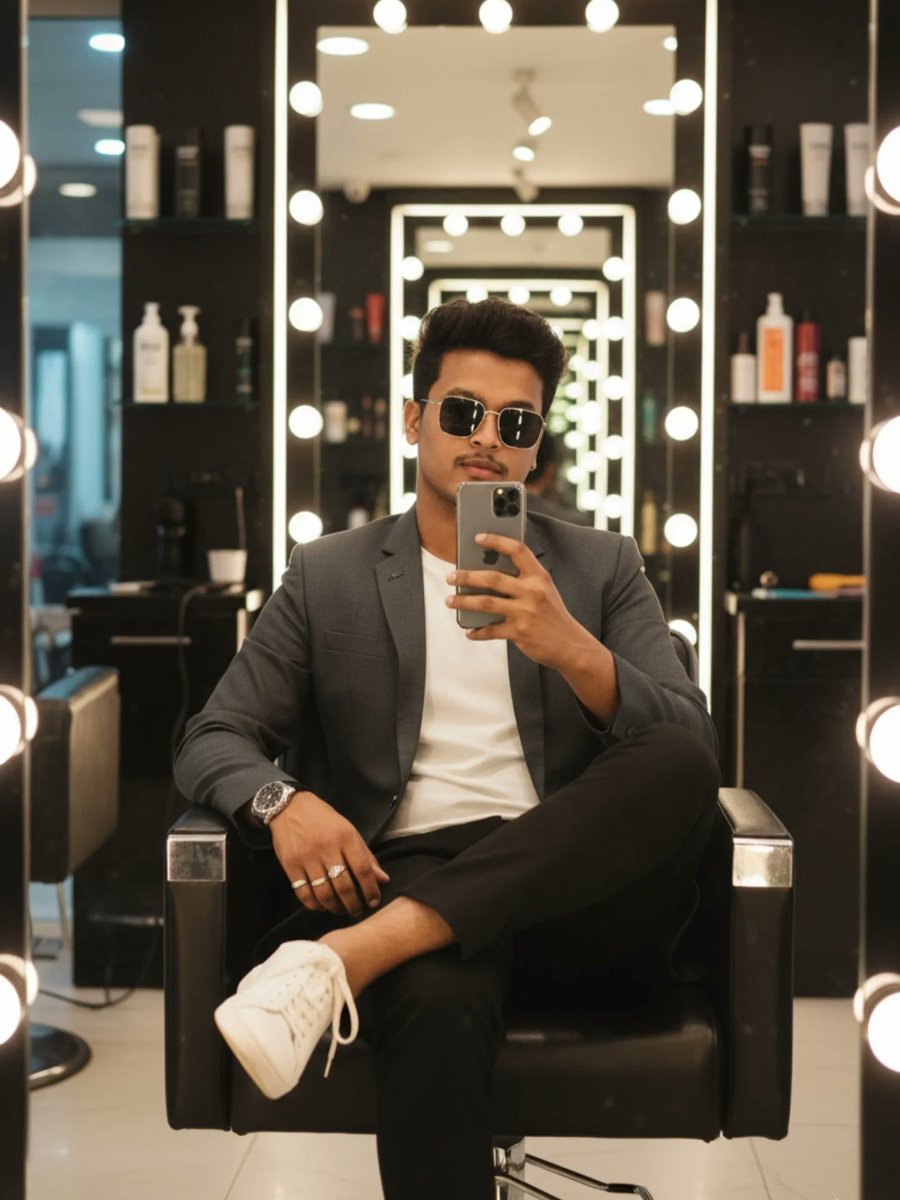 CarminaTer9ibi's tweet photo. Ultra-realistic cinematic photo of a stylish young man taking a selfie with an iPhone 16 in a luxury salon. Wearing a trendy outfit, retro square sunglasses, and a watch, he projects confident fashion. Glowing vanity lights, hair products, and https://t.co/6ycaBZAXP2
