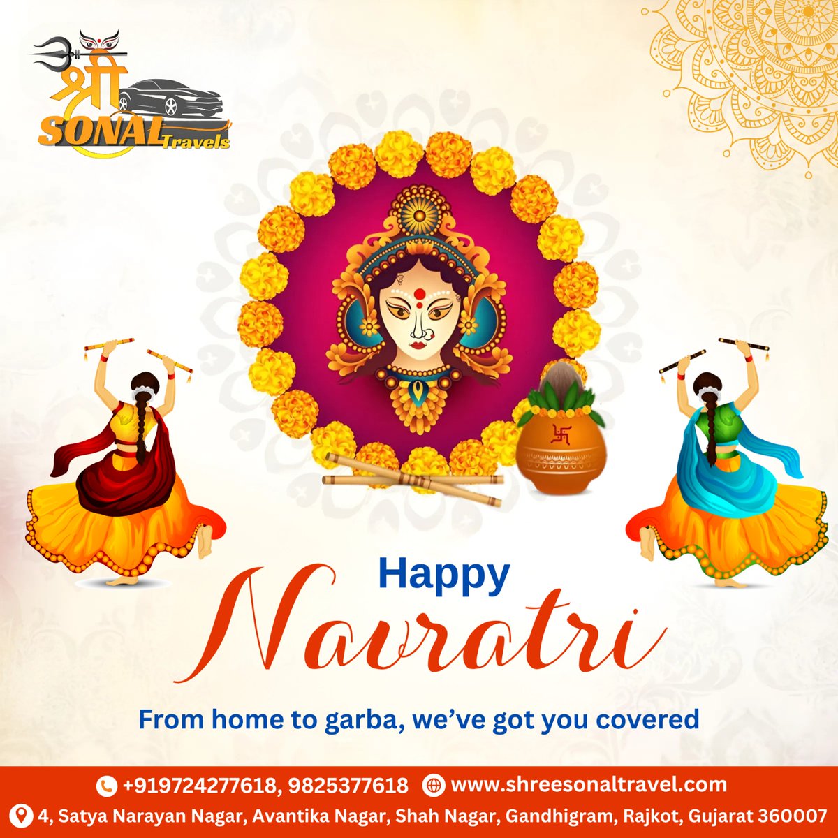 TiffaniStennett's tweet photo. Happy Navratri! From home to garba, Shree Sonal Travels and Rajkot Taxi Service have you covered. Book your ride for a safe and comfortable celebration. https://t.co/51o42CiRfc