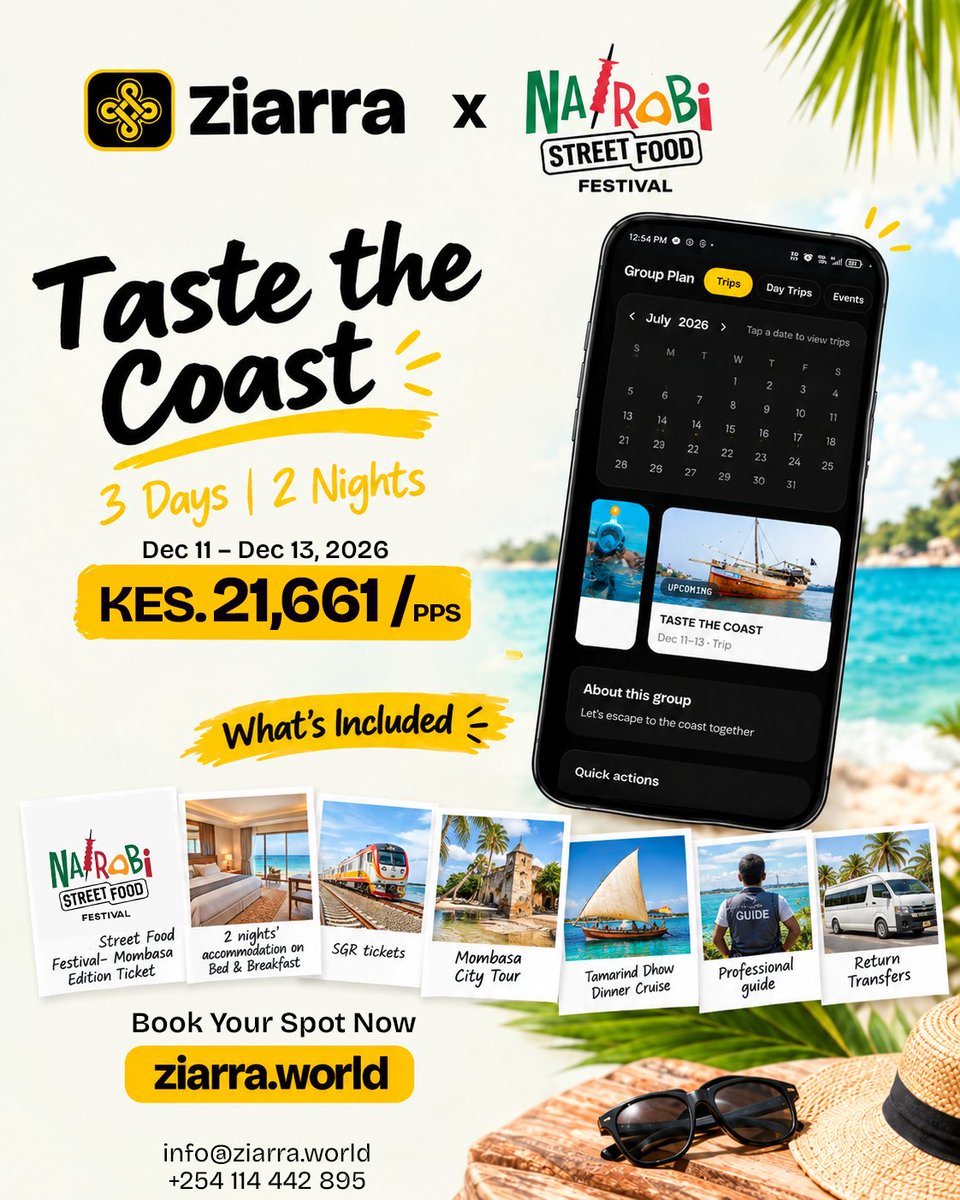 ziarraworld's tweet photo. Imagine 3 days of beach vibes, good food, coastal adventures & unforgettable nights — all wrapped into one epic getaway! 🌊☀️

🚆 SGR tickets
🏨 2 nights accommodation + breakfast
🍴 Nairobi Street Food Festival – Mombasa Edition
⛵ Tamarind Dhow Dinner Cruise
🏙️ Mombasa City Tour
🧑‍🏫 Professional guide
🚐 Return transfers

11th–13th December 2026 | KES 21,661 per person
And when the photos start dropping… “I should have come” won’t get you on the next trip. 😭😂

Tag that friend who needs a COAST ESCAPE and tell them: “We’re doing this!” 👇🏽🔥

📲 Book your spot:https://t.co/eC4eg8NFG6

📧 info@ziarra.world

📞 +254 114 442 895
#TasteTheCoast #Ziarra #Mombasa #NairobiStreetFoodFestival #CoastGetaway #KenyaTravel #TravelKenya #MombasaVibes #GroupTravel #WeekendGetaway #TravelWithZiarra