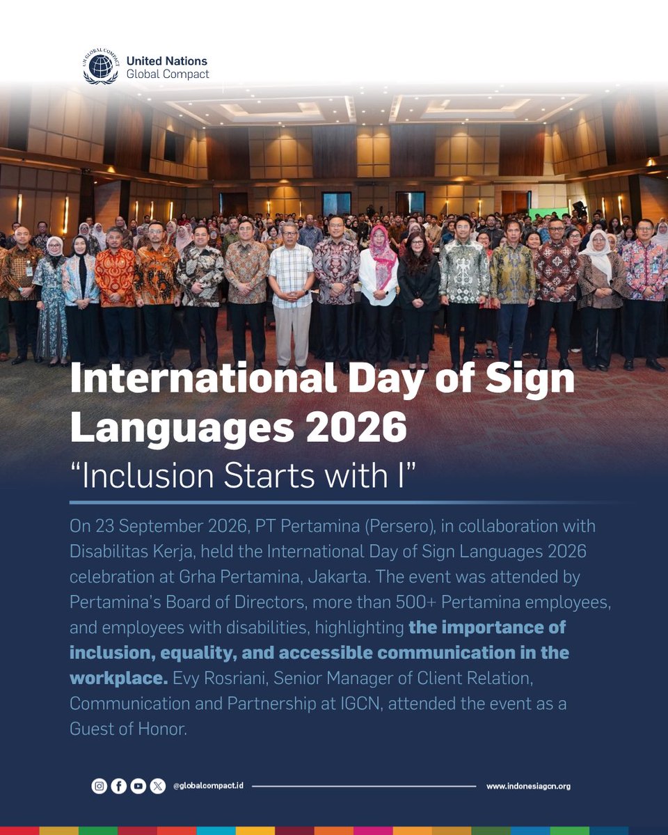 globalcompactid's tweet photo. Celebrating the power of inclusion through communication and connection.
On 23 September 2026, PT Pertamina (Persero), in collaboration with PT Disabilitas Kerja Indonesia.
#IGCN #UNGlobalCompact #UnitingBusiness #InternationalDayofSignLanguages https://t.co/D2kGNTVUCd