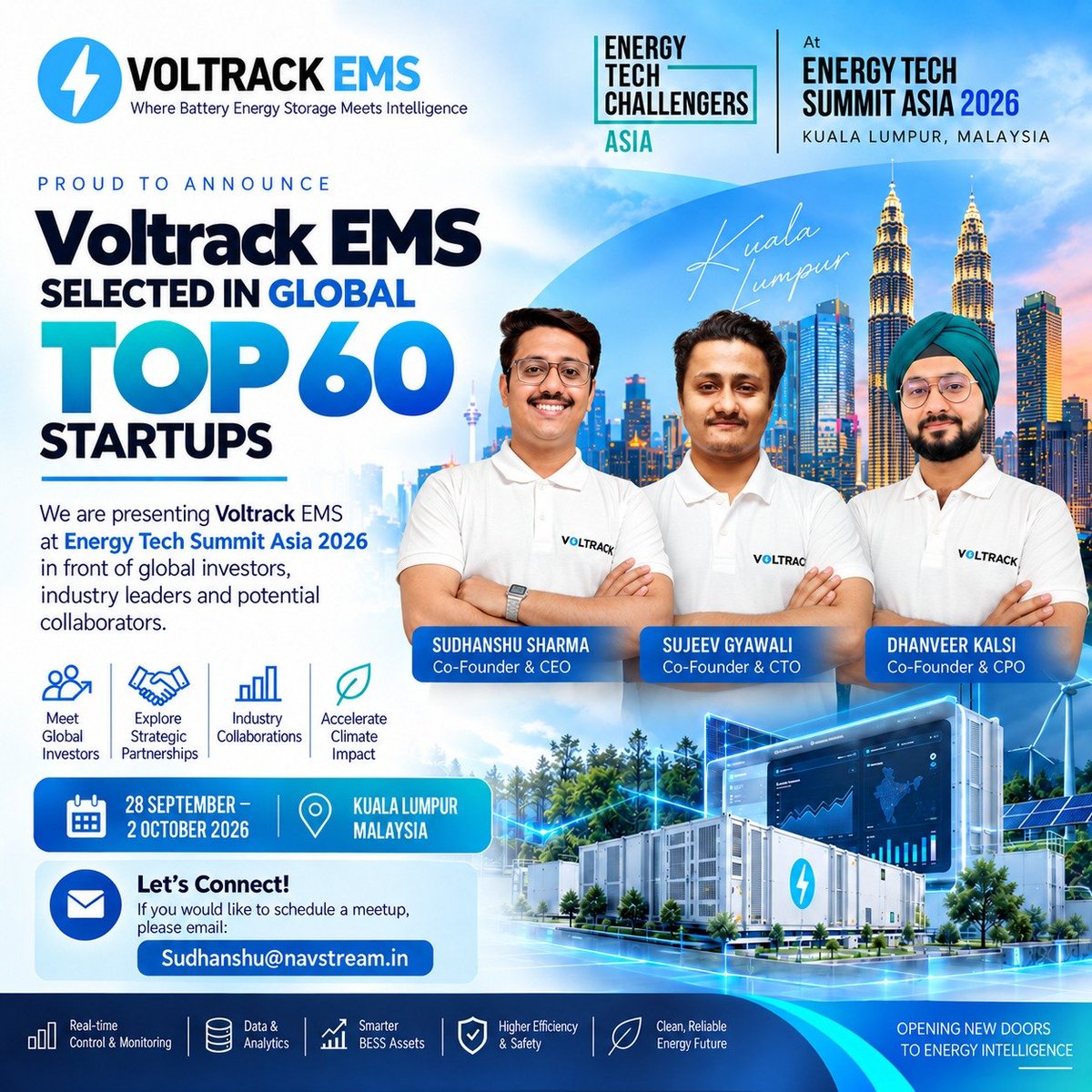 STPINoida's tweet photo. 🚀 Congratulations to Voltrack EMS! 🔋⚡
Proud to see Voltrack EMS, an @StpiEpDelhi startup, selected among the Global Top 60 Startups at the Energy Tech Challengers Asia 2026.
Wishing the team continued success on the global stage! 🌏🇮🇳 @arvindtw @VandanaSTPI https://t.co/aR5m3XmMoY