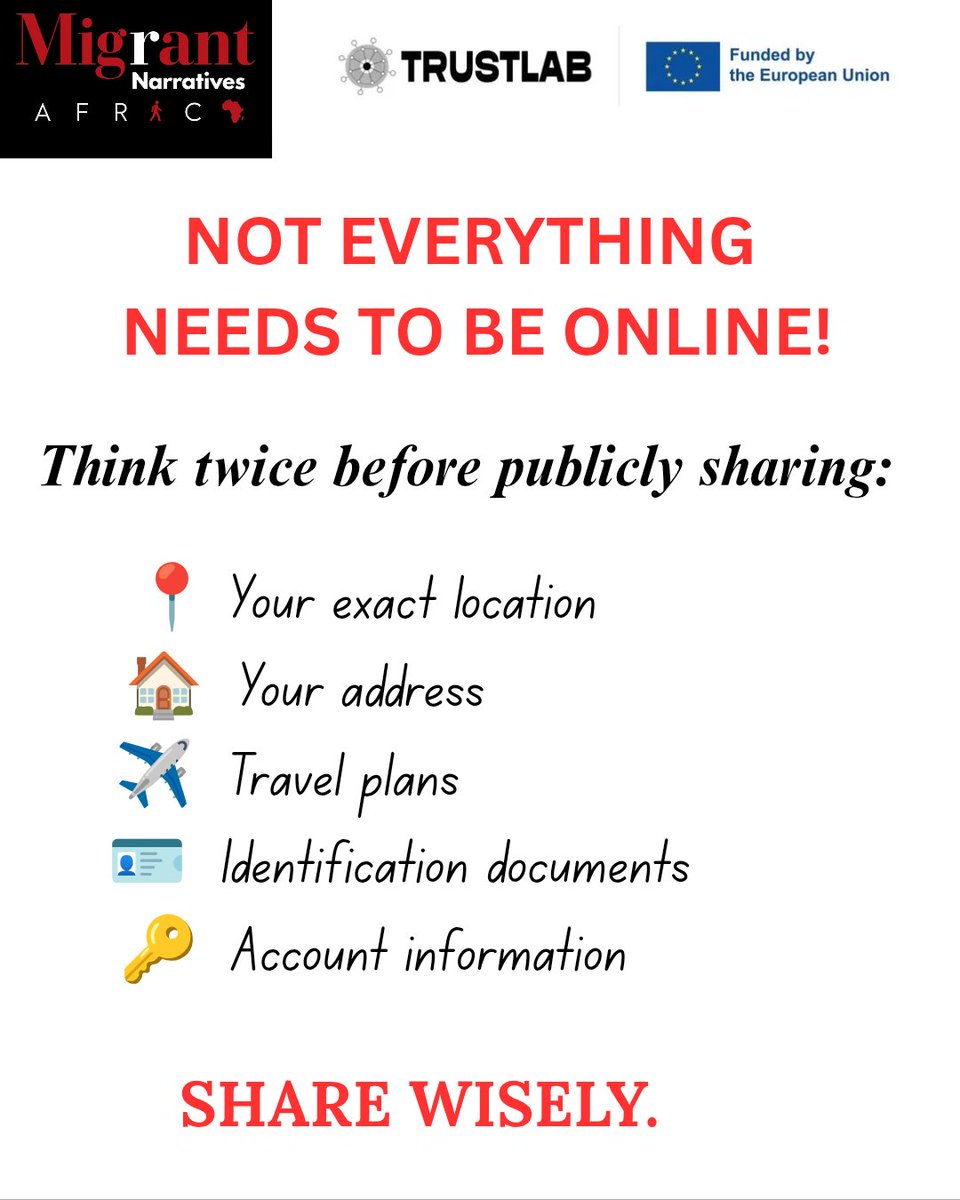 MnarrativesA's tweet photo. The internet doesn't forget.Pause before you post .Not everything is supposed to be shared online .

Protect your info - don't risk exposing yourself or others.

#DataPrivacy #DigitalSecurity #MigrantNarrativesAfrica #TrustLabProject #RefugeeVoices https://t.co/RzVamTrSMI