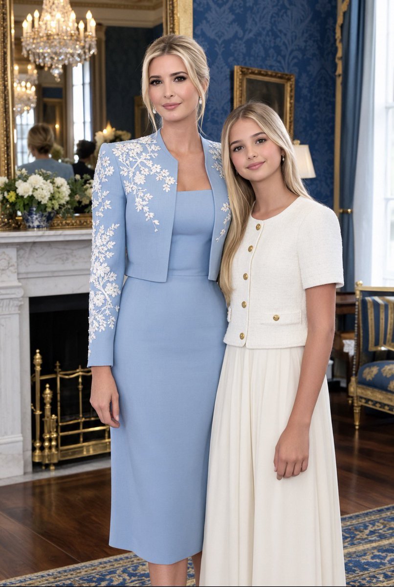 Barron302's tweet photo. A beautiful mother-daughter moment. 💙✨ Ivanka Trump and Arabella Kushner look absolutely elegant in the White House, blending timeless style, grace, and family warmth. 🇺🇸

#IvankaTrump #ArabellaKushner #TrumpFamily #WhiteHouse #Elegance #Family https://t.co/UDvqkTvApE