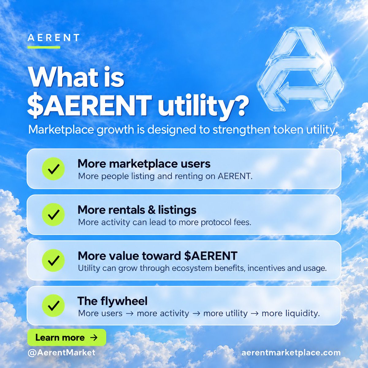 AerentMarket's tweet photo. People have been asking: what is the utility behind $AERENT?

$AERENT is being built as the ecosystem token around AERENT Marketplace, where users can list, rent and access on-chain assets against collateral.

The core idea is simple: as the marketplace grows, the token should become more useful inside that ecosystem through things like platform incentives, fee-linked benefits, access, rewards and future governance mechanisms as they are introduced.

The flywheel looks like this:

More marketplace users → more rentals/listings → more protocol fees → more value/utility directed toward $AERENT → stronger reason to hold/use $AERENT → more users/liquidity → more marketplace activity.

The goal is for $AERENT to grow alongside the actual usage of the marketplace, not separately from it.

More product usage.
More marketplace activity.
More utility for $AERENT.
This is just the beginning.

https://t.co/I7zG66yaTg

$AERENT