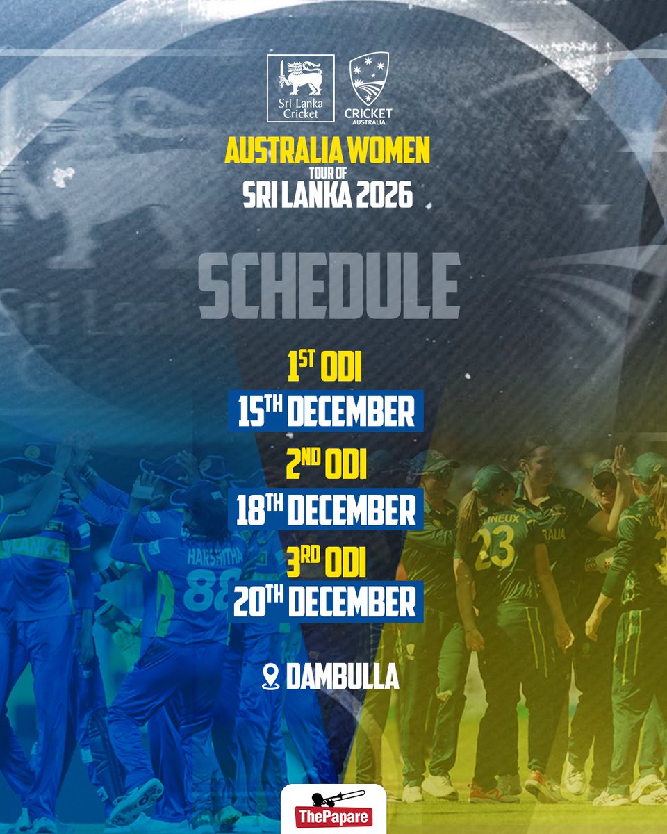 ThePapareSports's tweet photo. Sri Lanka Women brace for a big challenge as Australia Women are set to tour the island in December 2026 for three-match ODI series 🏏🇱🇰🇦🇺
#WomenCricket #SLvAUS https://t.co/4A70GWyKlu
