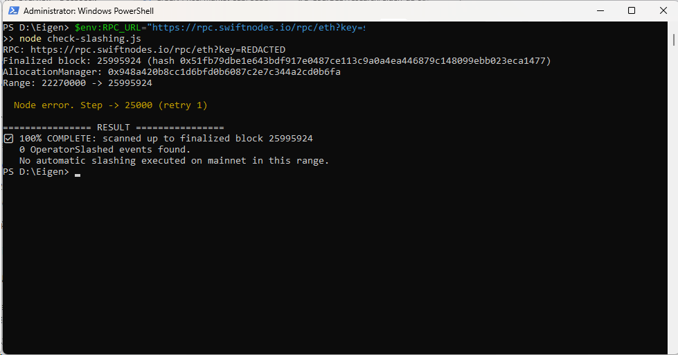 WPF_Boris's tweet photo. Source: Sreeram's Yukon post
https://t.co/sWexgasJjd

Slashing scan: block 22,270,000 -> current finalized.
~3.7M blocks per run, two complete runs, 0 events. https://t.co/nVRCuCfO7i