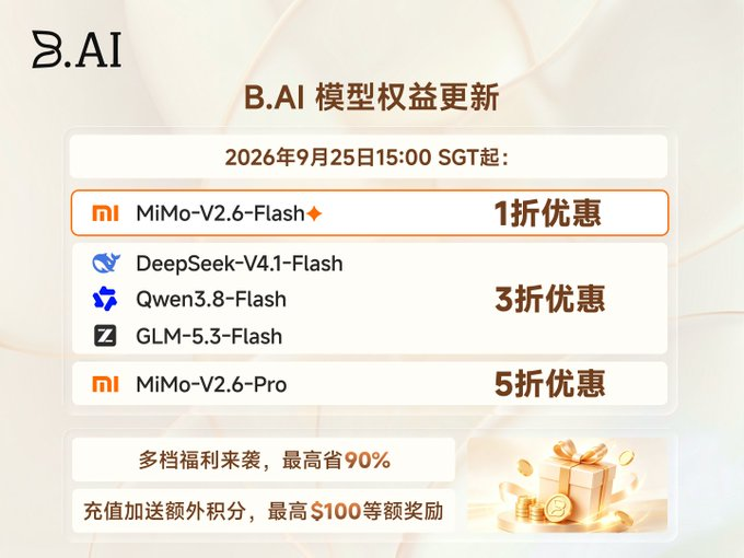 ORACLE_OKLA's tweet photo. https://t.co/4DqnMciuZX’S HOT MODEL BENEFITS ARE GETTING A NEW ROUND OF UPDATES ON SEPTEMBER 25. 📢

Starting at 15:00 SGT on September 25, https://t.co/4DqnMciuZX will adjust its model perk lineup, introducing new promotional tiers while several current 90% OFF offers reach their final window.

1️⃣ MiMo-V2.6-FLASH TAKES THE 90% OFF TIER

The new MiMo-V2.6-Flash will take over the 90% OFF special offer.

This gives developers a new low-cost option for experimenting with Xiaomi’s latest model and exploring its capabilities across coding, API calls, and Agent workflows.

2️⃣ MiMo-V2.6-PRO DEBUTS AT 50% OFF

The flagship-level MiMo-V2.6-Pro will launch with a 50% OFF special offer.

Together, the Flash and Pro models create different entry points for developers, allowing users to choose based on the complexity of their tasks and the level of model capability they need.

3️⃣ FINAL 90% OFF WINDOW

Before the new lineup goes live, five major models are entering their final 90% OFF period:

DeepSeek-V4.1-Flash, GLM-5.3-Flash, Qwen3.8-Flash, Hy3, and MiMo-V2.5.

Developers currently using these models can take note of the transition and plan their usage before the existing promotion ends.

The new multi-tier structure goes live September 25 at 15:00 SGT, bringing a refreshed selection of model perks and pricing options to https://t.co/4DqnMciuZX. 🚀

@BAI_AGI @justinsuntron #TRONEcoStar