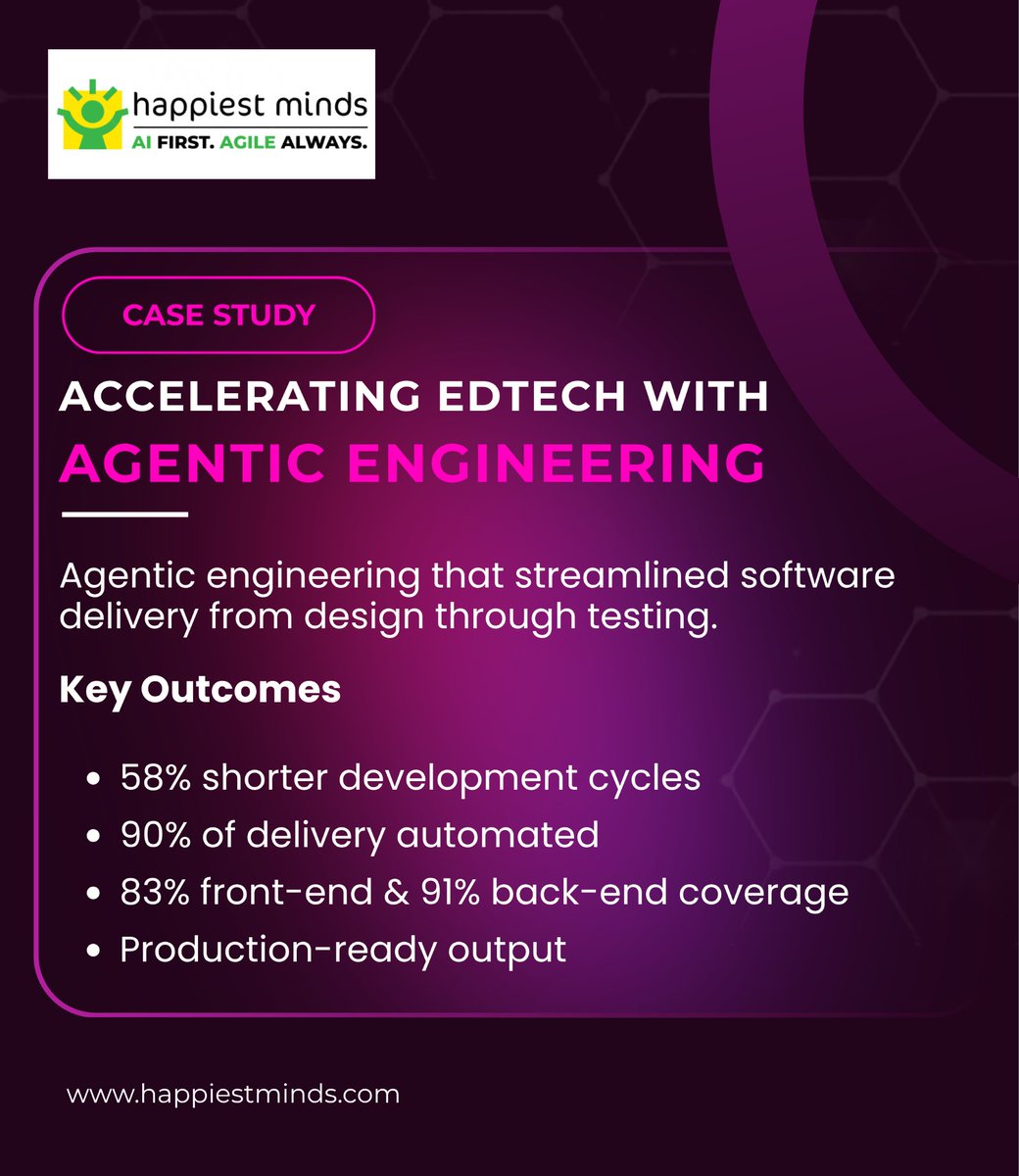 HappiestMinds's tweet photo. AI is reshaping how EdTech platforms are built and evolved.

Read how agentic engineering is helping teams accelerate delivery while raising the bar for software quality.

Read the full case study: https://t.co/VOOxnE8X02 https://t.co/Zxkgp1wxIq