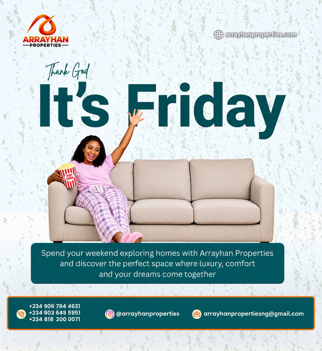 ArrayhanP67189's tweet photo. It the weekend again, what would you be doing this weekend? It better be booking an inspection with Arrayhan Properties. Send that DM!!!
Arrayhanproperties Ng
#tgif #realestate #fyp #propertyforsale #trending https://t.co/oA842WjRYS