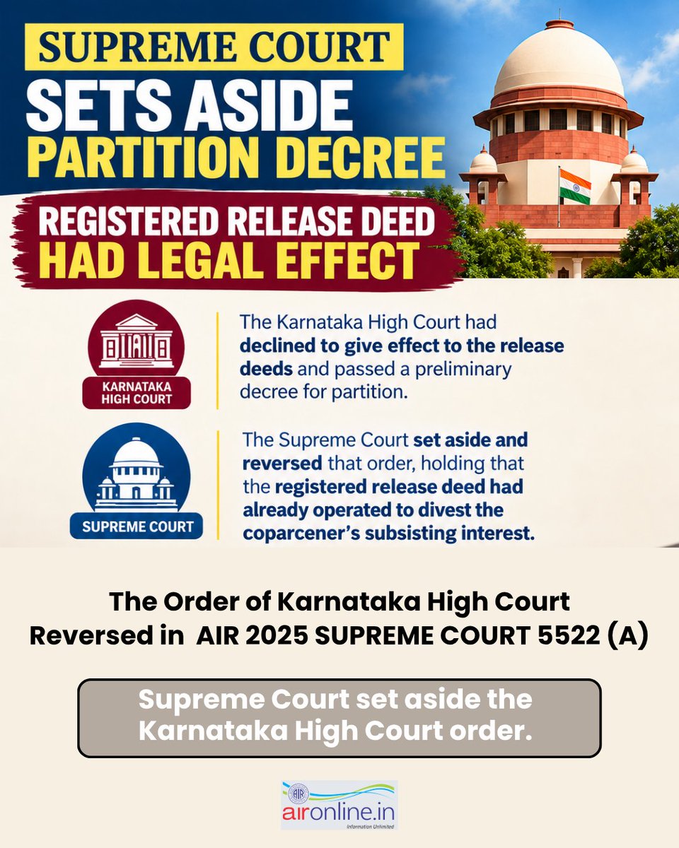 AIR_1914's tweet photo. The Order of Karnataka High Court declining to give effect to said deeds and passing a preliminary decree for partition, was set aside and reversed by the Supreme Court in AIR 2025 SUPREME COURT 5522 (A).

🌐 More insights on https://t.co/ZK8R15nd7e https://t.co/reEcZazO16