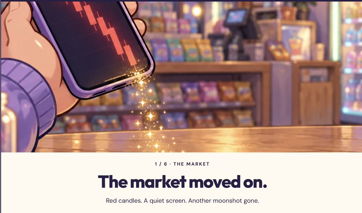gochigochidust's tweet photo. The market moved on. Something in the dust didn’t. ✨

One red chart. A late-night mini-mart. And a tiny life about to begin.

Mimo’s origin story starts here. Bring a slurpee. 🥤

#fomo #solana #bnb #crypto #ansem https://t.co/mo103Z3ehX