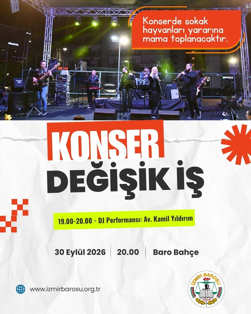 izmir_barosu's tweet photo. Konser:  Değişik İş

🕐19.00-20.00 DJ Performansı: Av. Kamil Yıldırım

🐱🐶Konserde sokakta yaşayan hayvanlar yararına mama toplanacaktır.

🗓️30.09.2026 Çarşamba
🕑20.00
📌Baro Bahçe https://t.co/MxelXCqDiY