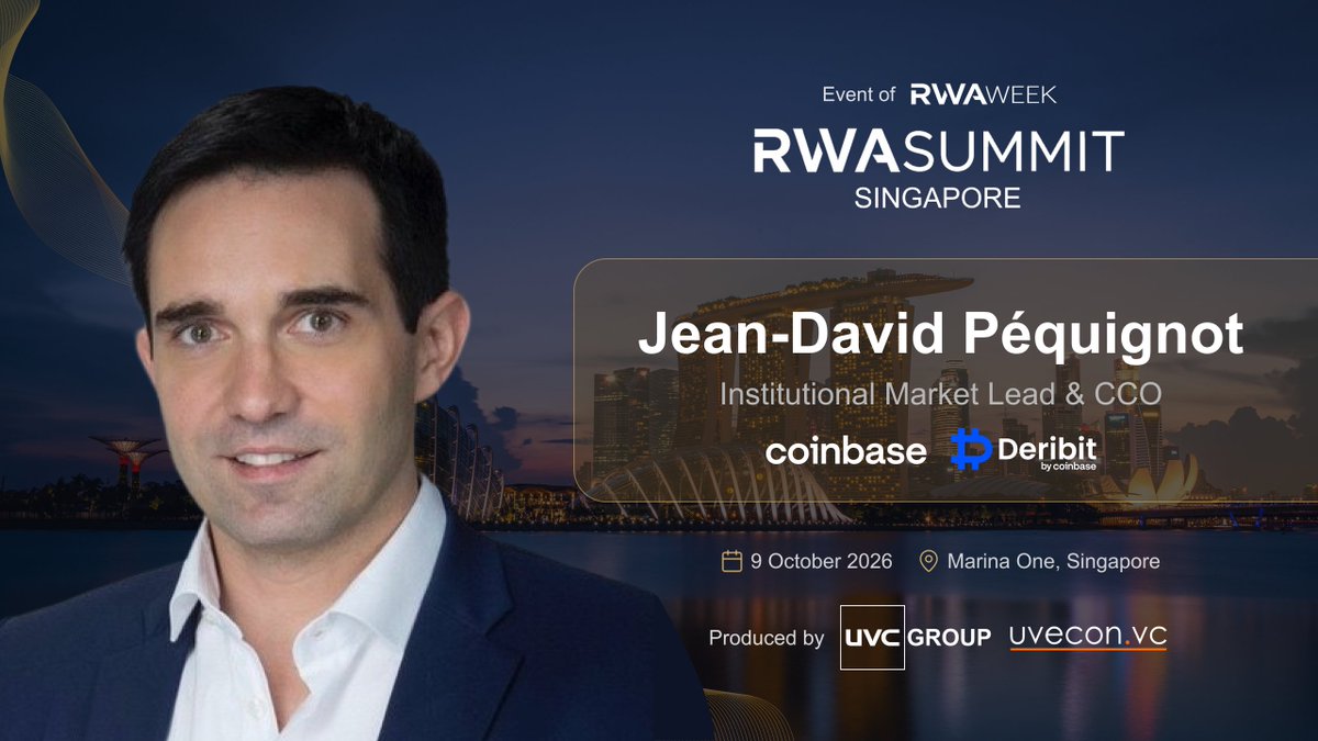 rwasummitglobal's tweet photo. Jean-David Péquignot, Institutional Market Lead at @coinbase & CCO at @DeribitOfficial ,  joins @rwasummitglobal SINGAPORE 🇸🇬

Jean-David oversees institutional market expansion at Coinbase and serves as Chief Commercial Officer at Deribit. He focuses on driving growth across prime brokerage, custody, and derivatives trading infrastructure, empowering institutional clients to access deep digital asset liquidity and global market structure.     

With extensive experience bridging traditional finance with crypto markets, Jean-David plays a pivotal role in delivering secure, compliant digital asset solutions, institutional derivatives products, and global settlement rails for top-tier funds and institutions.     

He will speak about institutional digital asset adoption, scalable derivatives infrastructure, and connecting legacy capital with next-generation crypto market structure.

• When: 9 October 2026 | 09:00 - 18:00 SGT 
• Where: Marina One, 5 Straits View (5-min walk from Marina Bay Sands)  

👉 Register now to hear insights from our speakers: https://t.co/lof4x0hFjS  | https://t.co/9G30xYykzI

✍️ @rwasummitglobal Strategic Partners: @LynxcapDeFi | @dydxfoundation | @investax | @IxsFinance | @TheoriqAI | https://t.co/mnDbgbwEND 

 🤝 @tokenisedglobal VIP Summit Co-host: @TRMLabs 

🙌  THE DEALFLOW Co-host: https://t.co/qCBFDaWjI9 

 •  Powered By: @UveconVC | @rwaweek series production  •