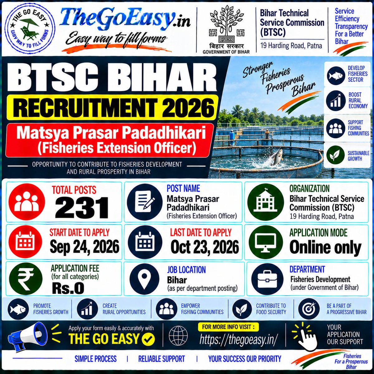 thegoeasy's tweet photo. 🚨 BTSC Bihar Recruitment 2026 | 231 Posts
🐟 Post: Matsya Prasar Padadhikari (Fisheries Extension Officer)
📍 Location: Bihar
📅 Start Date: 24 Sep 2026
📅 Last Date: 23 Oct 2026
💳 Fee: ₹0
💻 Application Mode: Online
🔗 For More Information &amp; Apply:
🔗 https://t.co/Fi0kUIFufJ https://t.co/7tHNEdgh1W