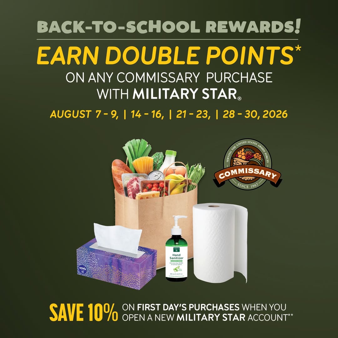 AndraStaubin's tweet photo. Back-to-school bonus! Use your MILITARY STAR card at the Commissary to earn double points. Open a new account and save 10% on your first day’s purchases! https://t.co/ftfWec729o