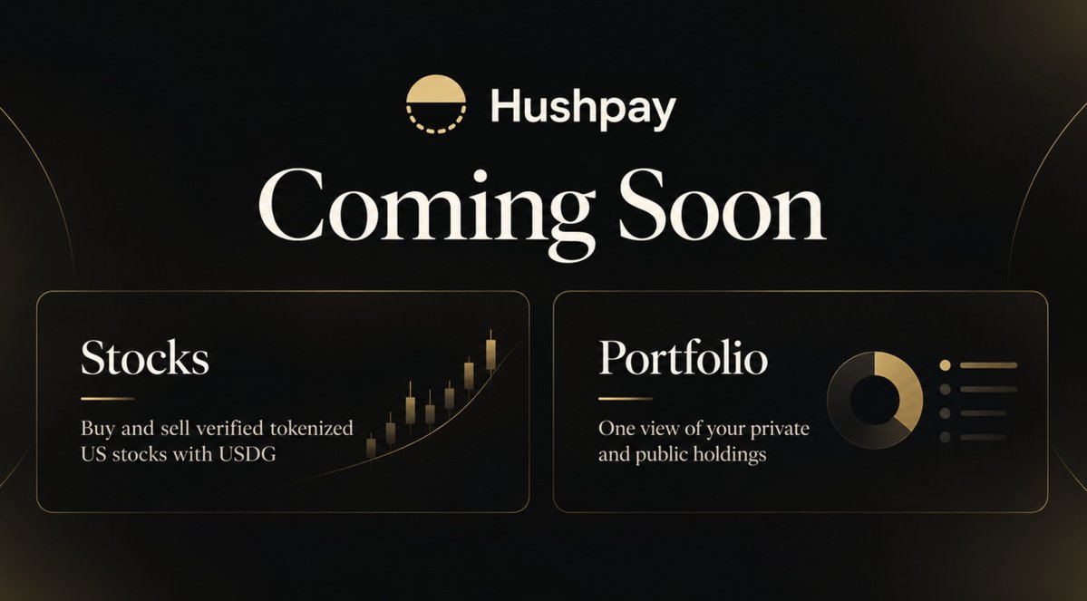 HushPayApp's tweet photo. Two new Hushpay features are being built now: Stocks and Portfolio.

Stocks will let you buy and sell verified Robinhood tokenized US stocks like NVDA, TSLA, AAPL and SPY with USDG through Uniswap on Robinhood Chain.

Coming soon.

https://t.co/KQNsUgIngg https://t.co/gwtSbJKcZV